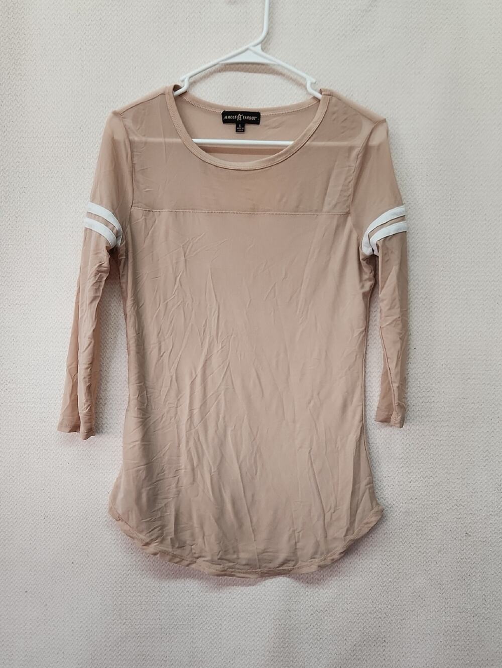 Almost Famous Taupe Long Sleeve Scoop Neck Top with White Sleeve Stripes